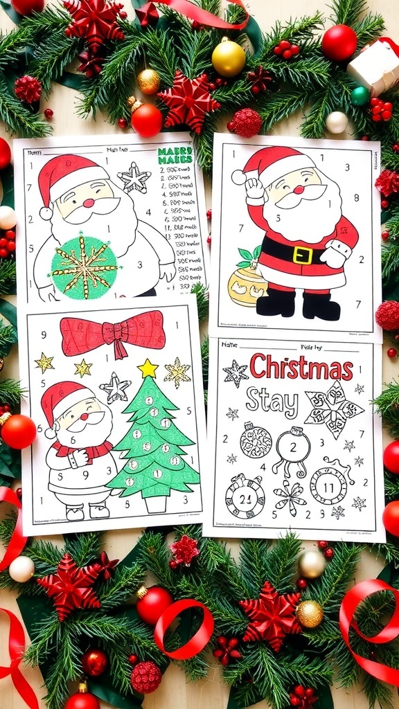 Christmas Coloring Pages with Numbers Colorful Christmas coloring pages with numbers featuring Santa, Christmas trees, and ornaments.